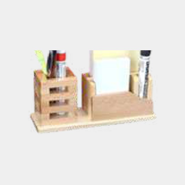 Wooden desk organizer with upright pen slots, memo well and card recess