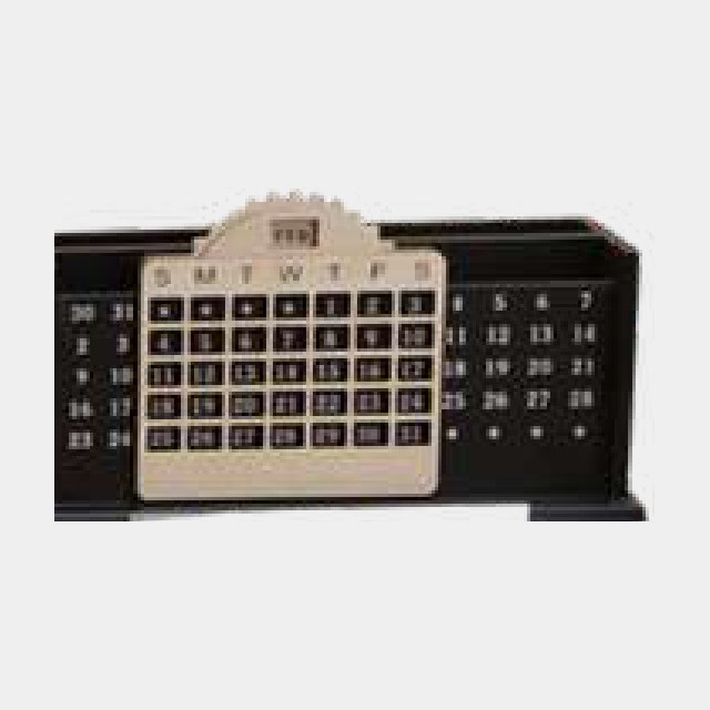 Standalone wooden perpetual calendar with hand-set date blocks