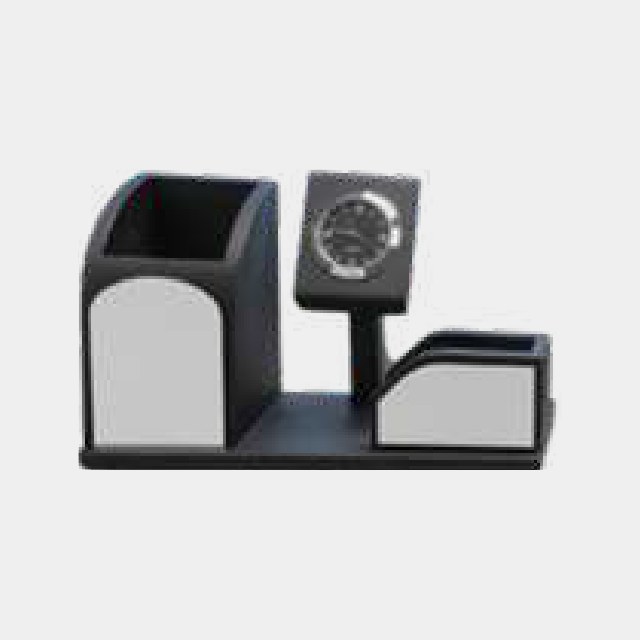 Two-tone black and grey desk organizer with an analogue clock and pen wells