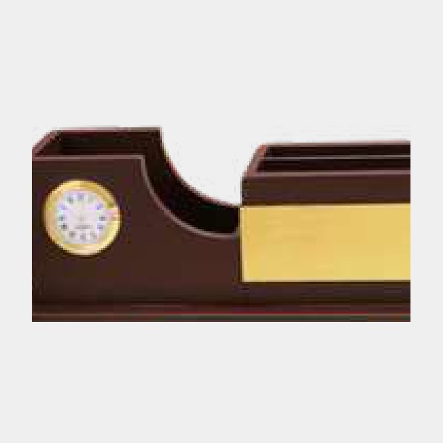 Dark wood desk organizer with a round analogue clock and open accessory tray