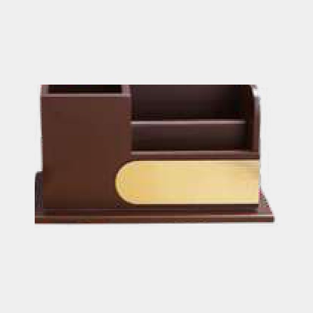 Brown wood desk organizer with a raised pen well and a wide memo tray