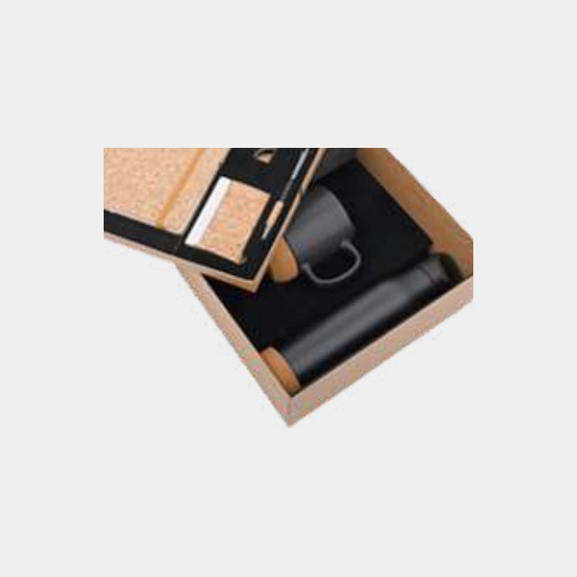 Cork-cover notebook with a black insulated bottle in a plain kraft gift box