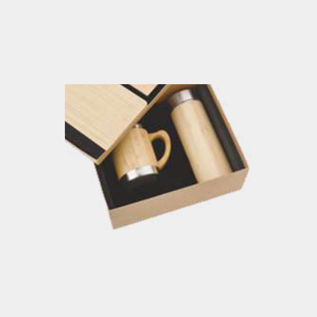 Wood-cover notebook with an insulated bottle and matching wood-banded mug in a kraft box
