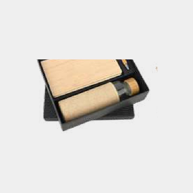 Wood-cover notebook with a bamboo-sleeved bottle in a black presentation box