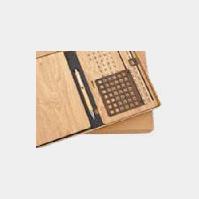 Wood-effect A4 portfolio folder open to show a built-in calculator, notepad and pen loop