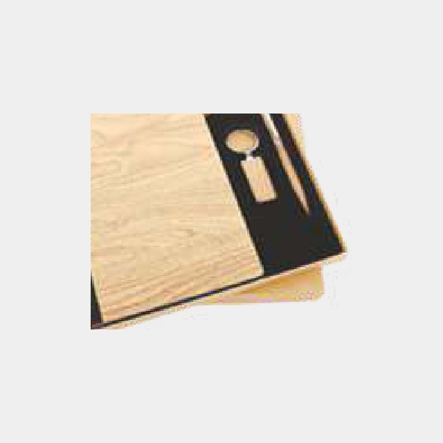 Light wood-cover notebook with a matching wood keychain and wood-barrelled pen