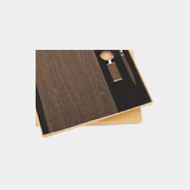 Dark woodgrain notebook with a matching keychain and pen in a fitted tray