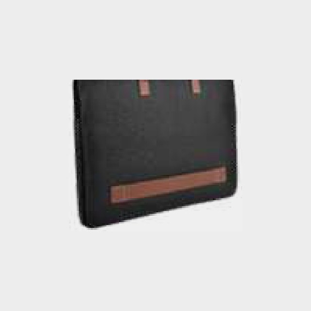 Charcoal felt laptop sleeve with brown leather trim and twin carry handles