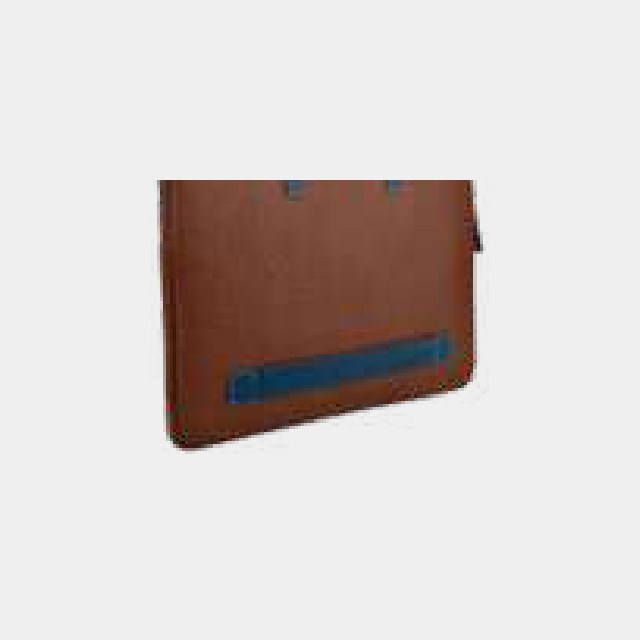 Tan laptop sleeve with a contrasting blue trim strip and twin carry handles