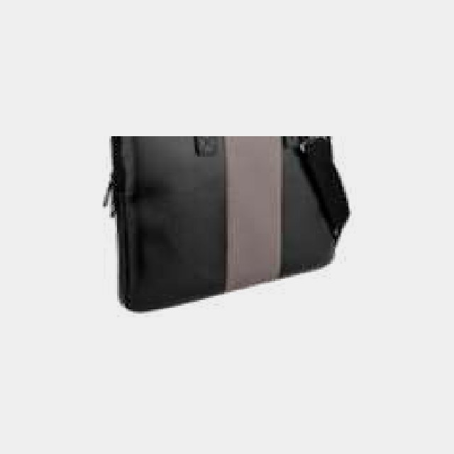 Black laptop bag with a detachable padded shoulder strap and grey webbing