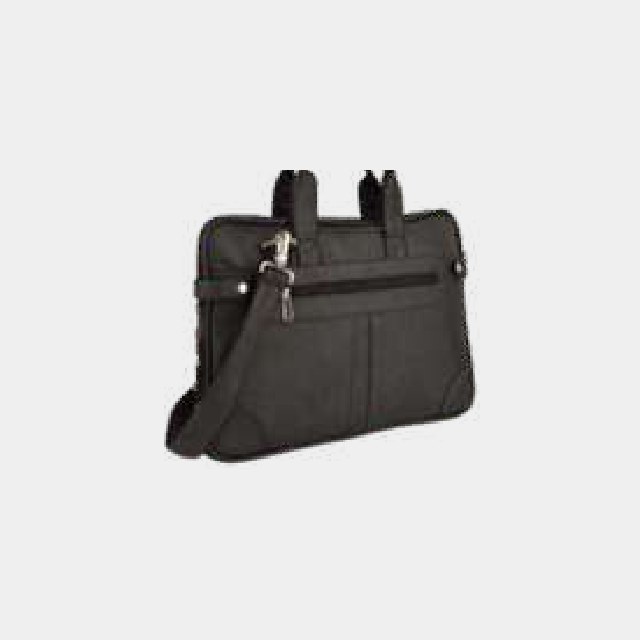 Black messenger-style laptop bag with front pockets and an adjustable shoulder strap