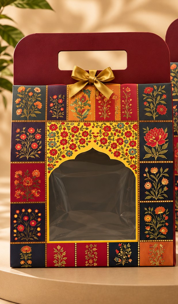 Maroon Pichwai Carry-Box — floral window (front)
