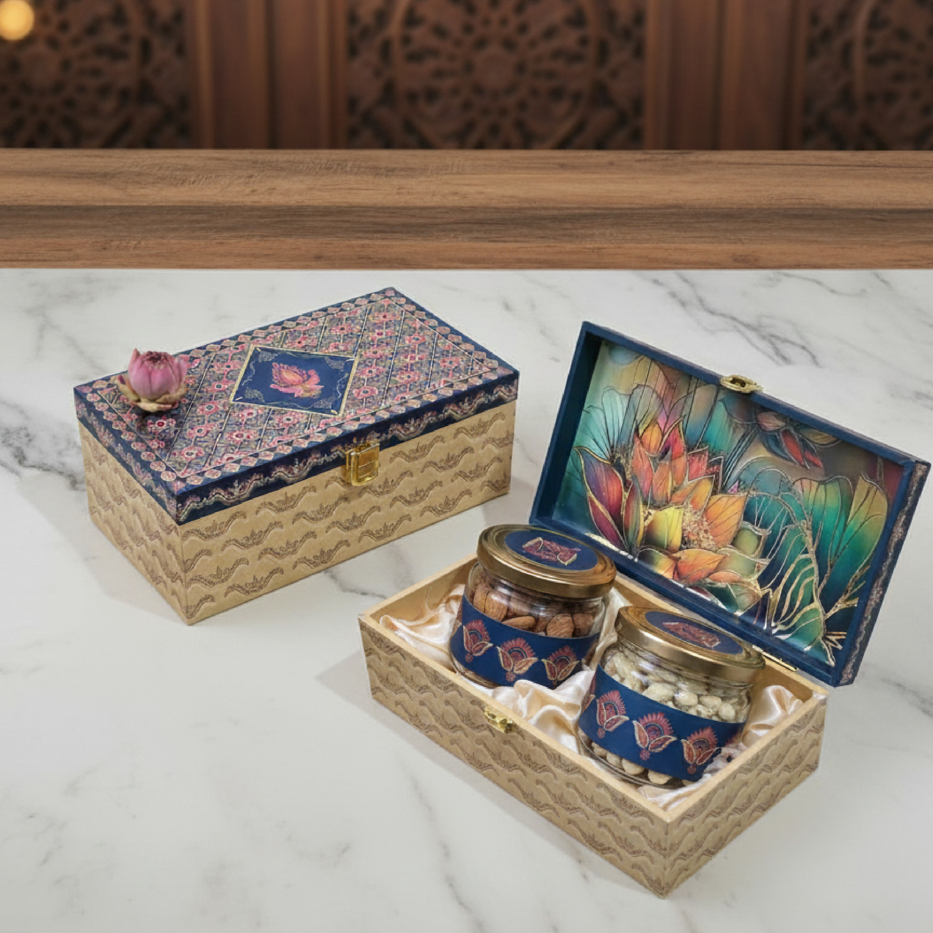 Lotus Delight handcrafted dry fruit hamper box with hand-painted lotus artwork and lotus flower