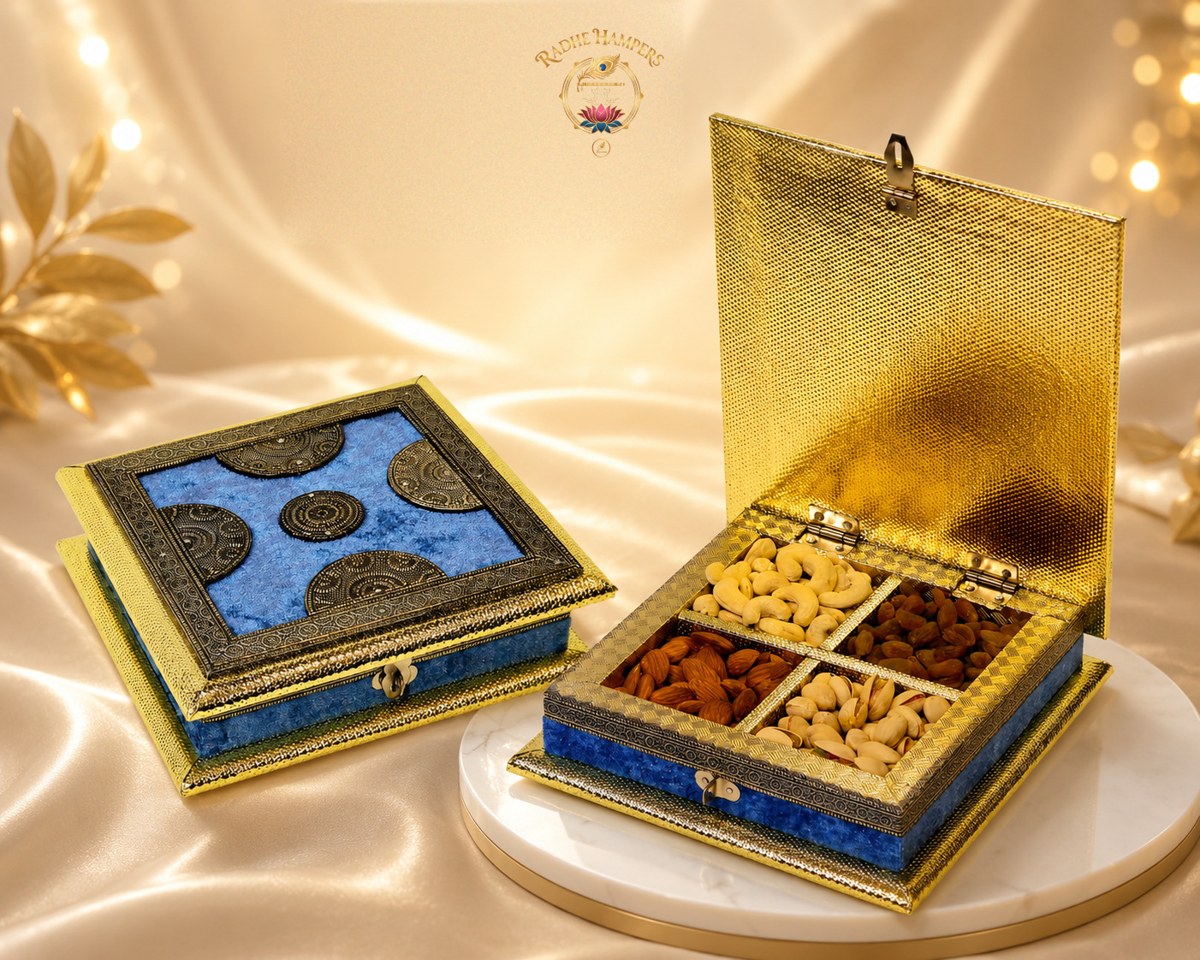 Blue Velvet 4-Compartment Dry Fruit Box